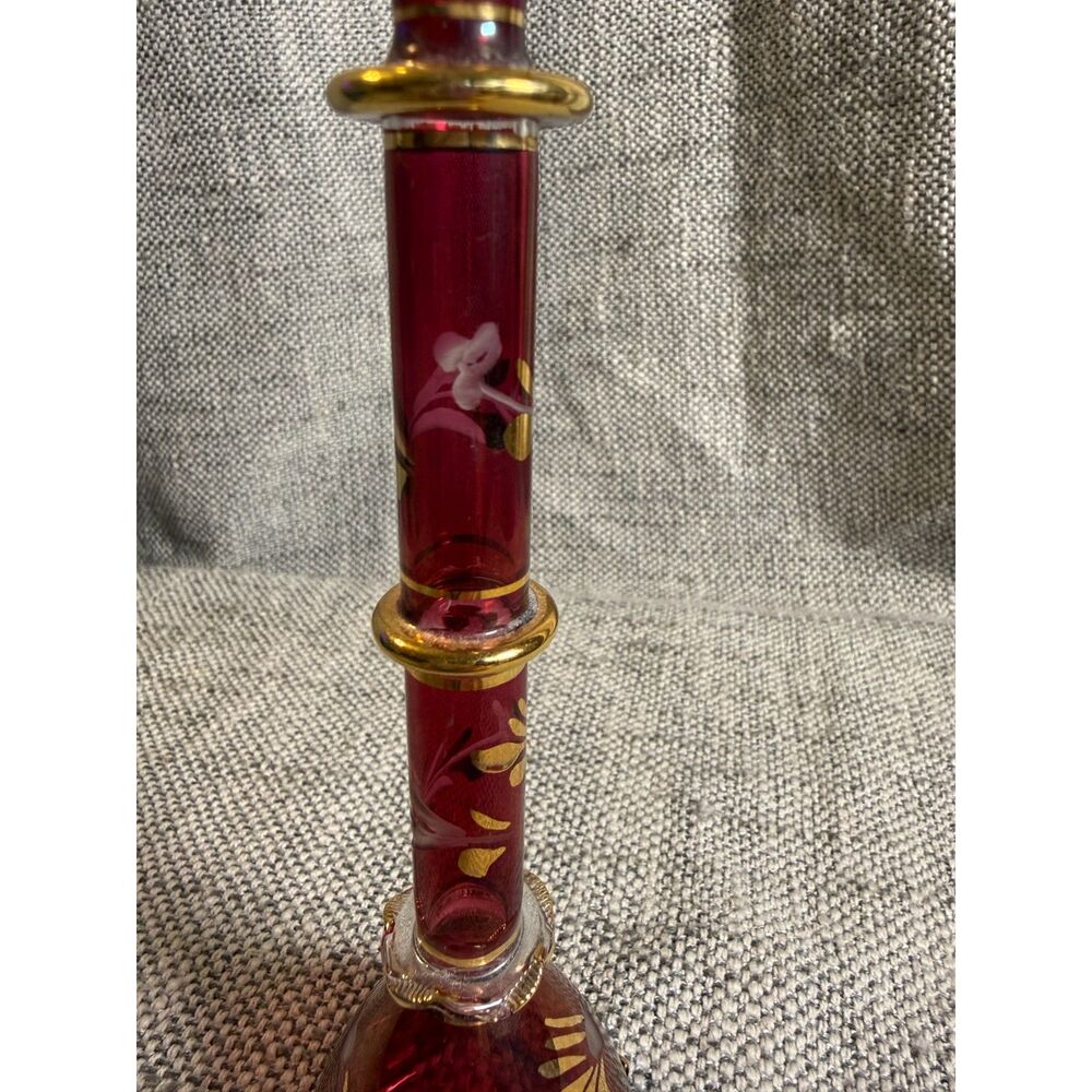 VTG Egyptian Handblown Glass Perfume Bottle 24k Gold Trim Hand Painted Floral